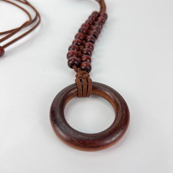 Bohemian-Style Sash Belt Wooden Beaded Chain Wooden Ring Leather Tie Closure OS - Picture 6 of 10
